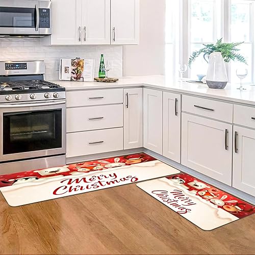 Miniatura 10 de Juego de 2 alfombras de cocina de Navidad, tapete de regalo de Feliz Navidad, antideslizante, lavable, copos de nieve, tapete para decoración