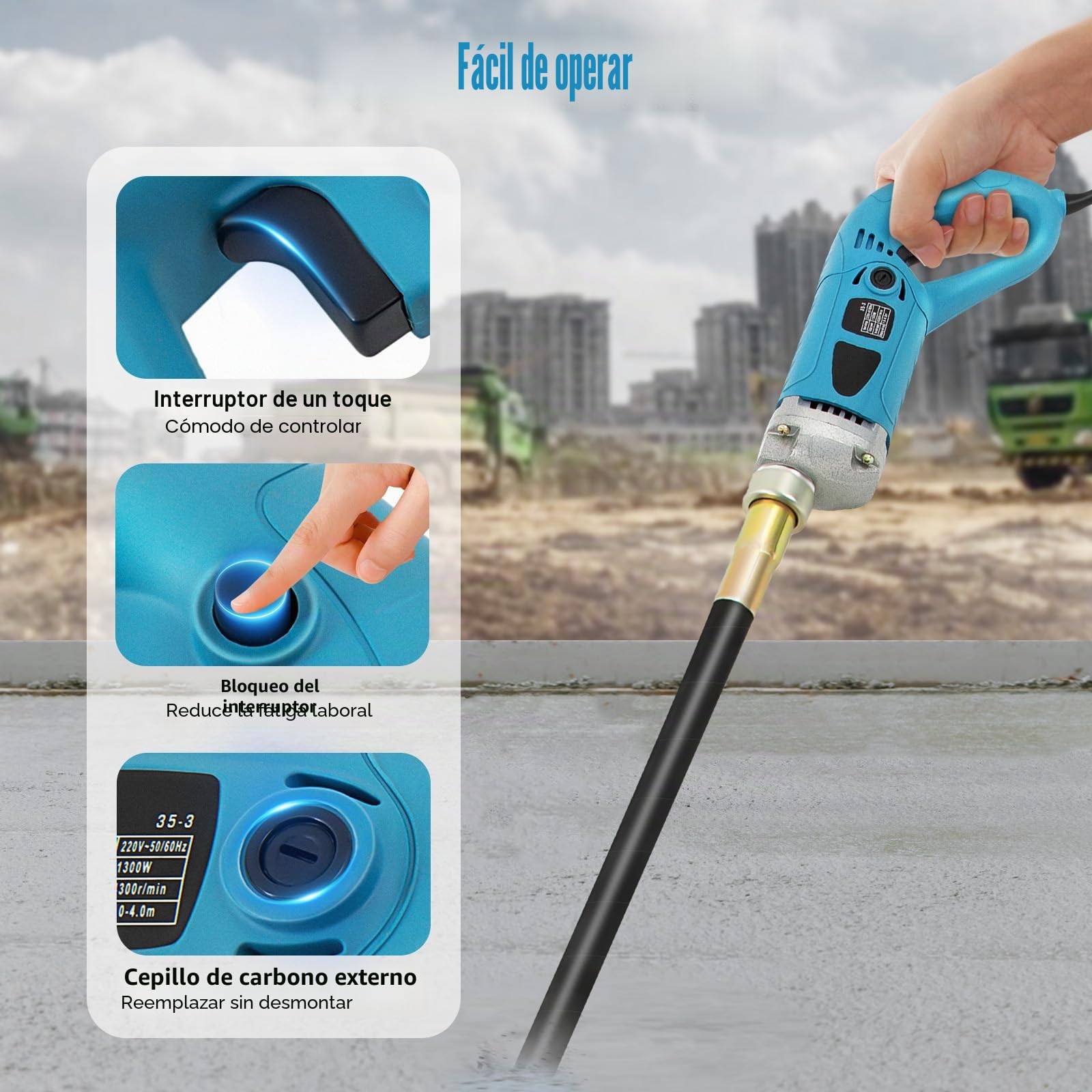 Vibrador eléctrico para hormigón, 220 V, 1300 W, 1,5 m de longitud de varilla de vibración, diámetro 3,5 cm, velocidad de ralentí 4300 rpm, para construcción de puentes, construcción de carreteras