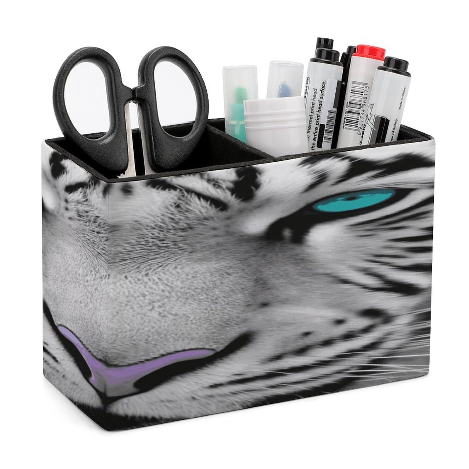 VstaDank Tiger with Teal Eyes Pencil Holder for Desk(Double Slots) Fashion Leather Pencil Cup Simple Rectangular Shape Pen Holder Multi-Functional Pen Cup for Home Office Supplies Storage