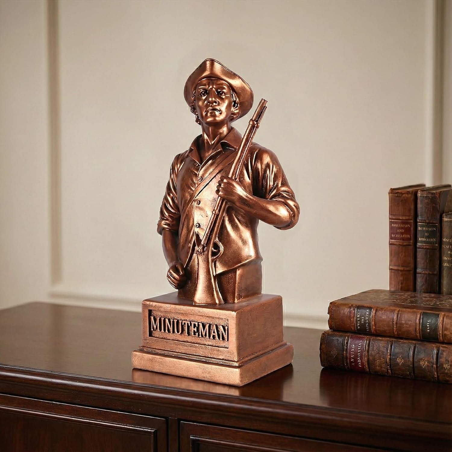 Minuteman Bust Statue, Historical American Revolution Patriot Figurine for Office Desk and Bookshelf Decor - Vintage Bronze