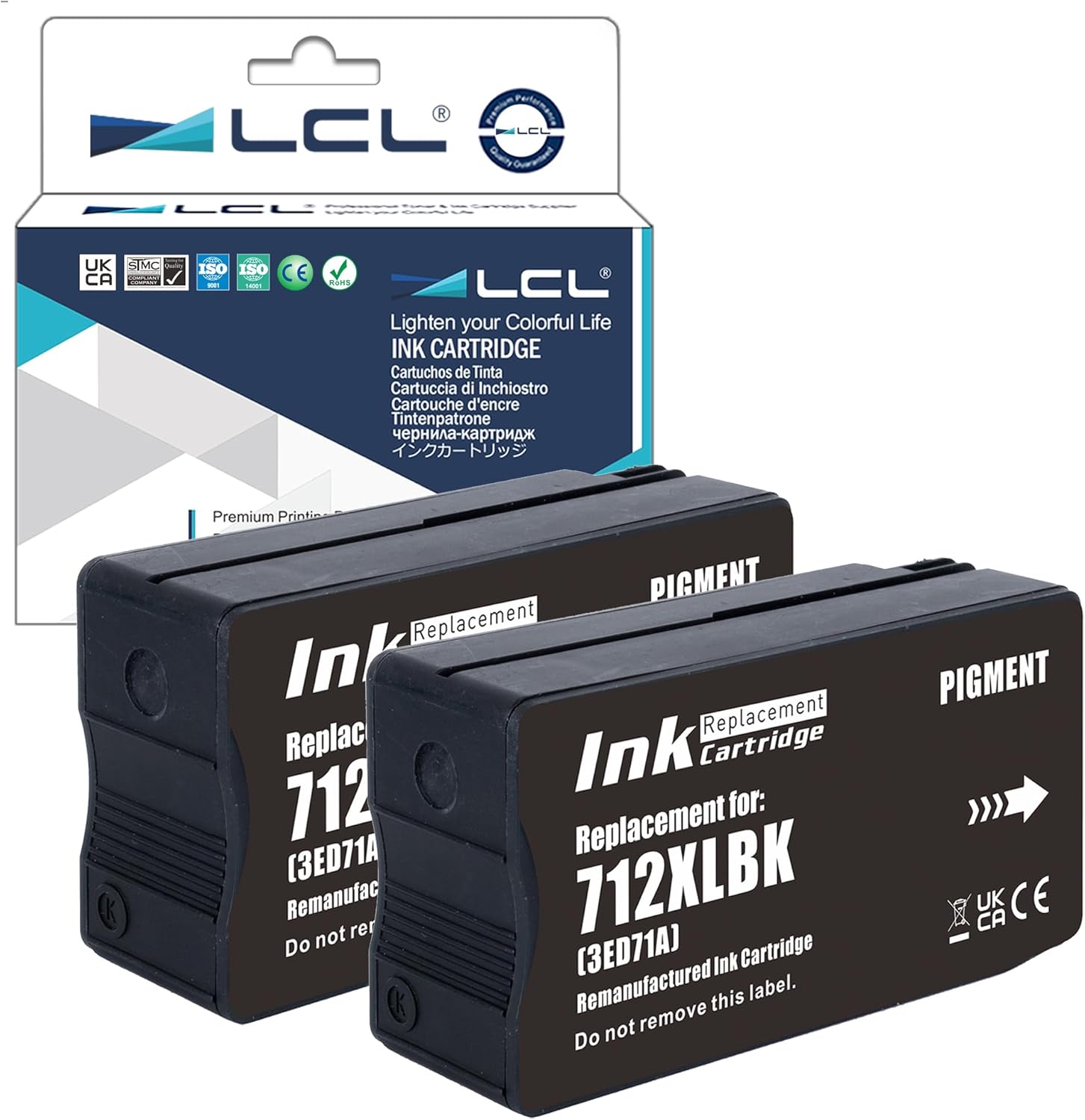 LCL 712XL Black 80ML High Yield Ink Cartridge Replacement for HP 712 712XL 3ED70A 3ED71A for HP DesignJet T650 T630 T250 T230 T210 Printer (2-Pack)