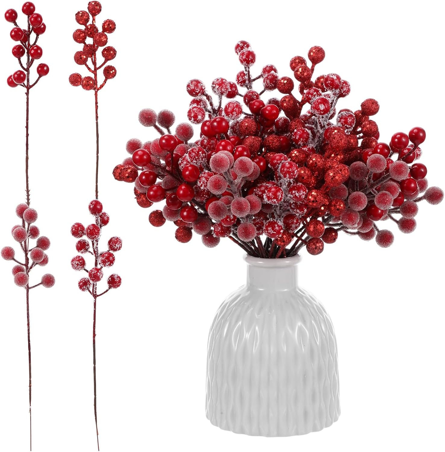 Syhood 40 Pcs 9.8 Inch Red Valentine's Day Artificial Holly Berry Picks Stems Set, 4 Styles Glitter Sprays Snowy Fake Berries Wedding Winter Decoration for Centerpiece Vase Christmas Picks