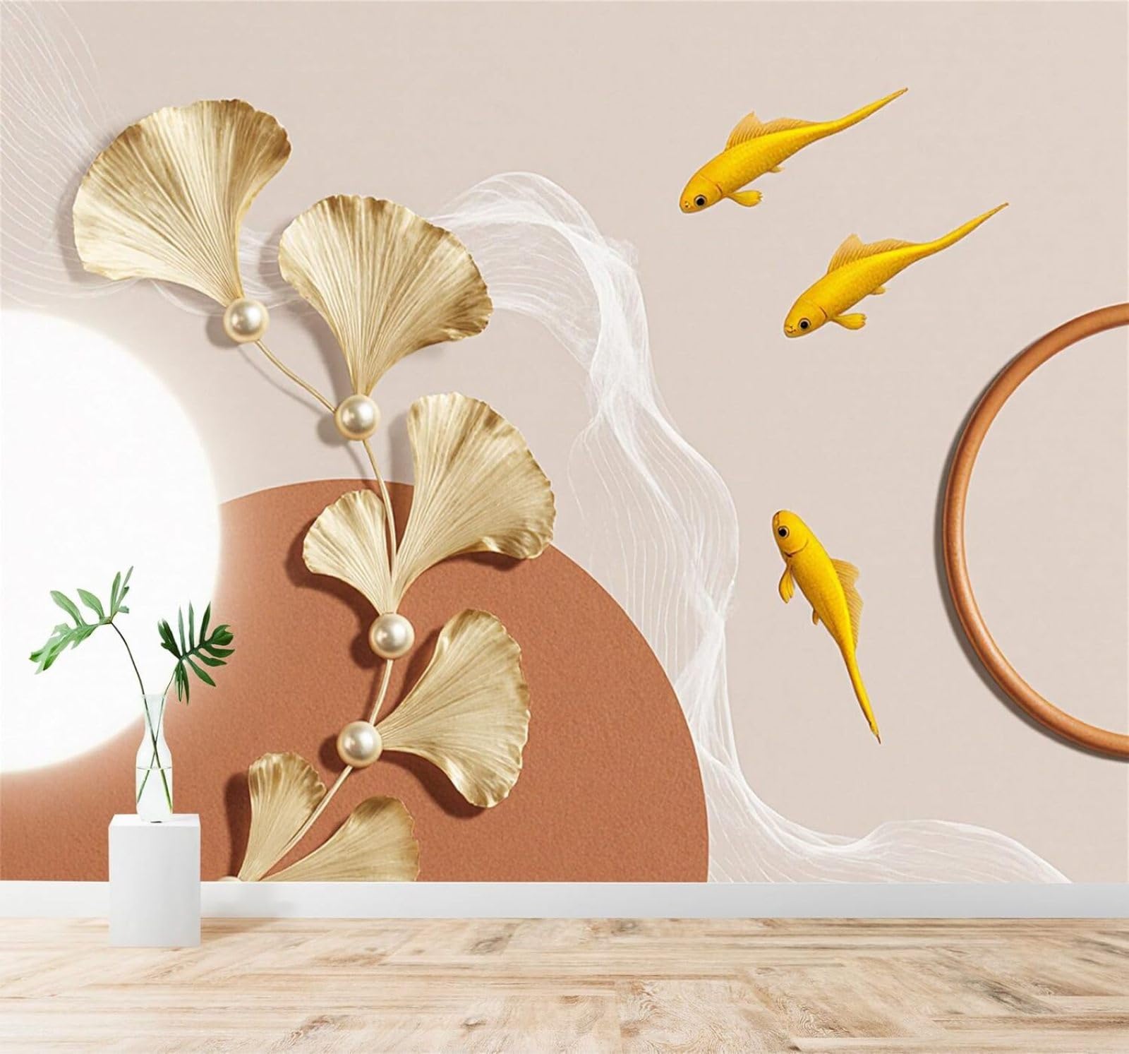 XLMING Golden Ginkgo Leaves Koi Abstract Geometric Wave Pattern 3D Wallpaper Premium Textured Silk Study Dining Living Room Bedroom Sofa TV Wall Easy Install-300cm×210cm