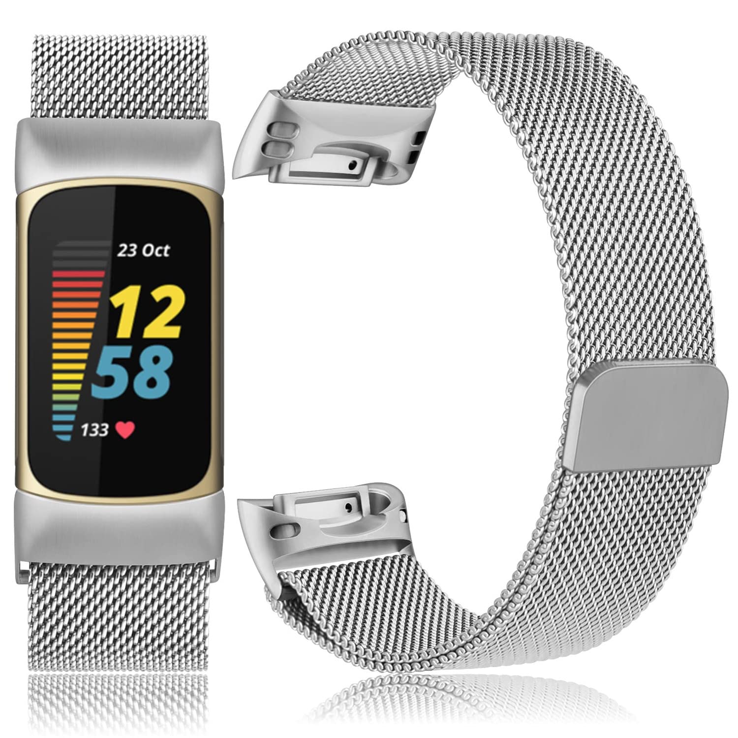 eWINNER Metal Band Bands Stainless Steel Mesh Loop Adjustable Magnetic Clasp Wristband Strap Replacement Compatible with Fitbit Charge 5 Advanced Fitness & Health Tracker smartwatch