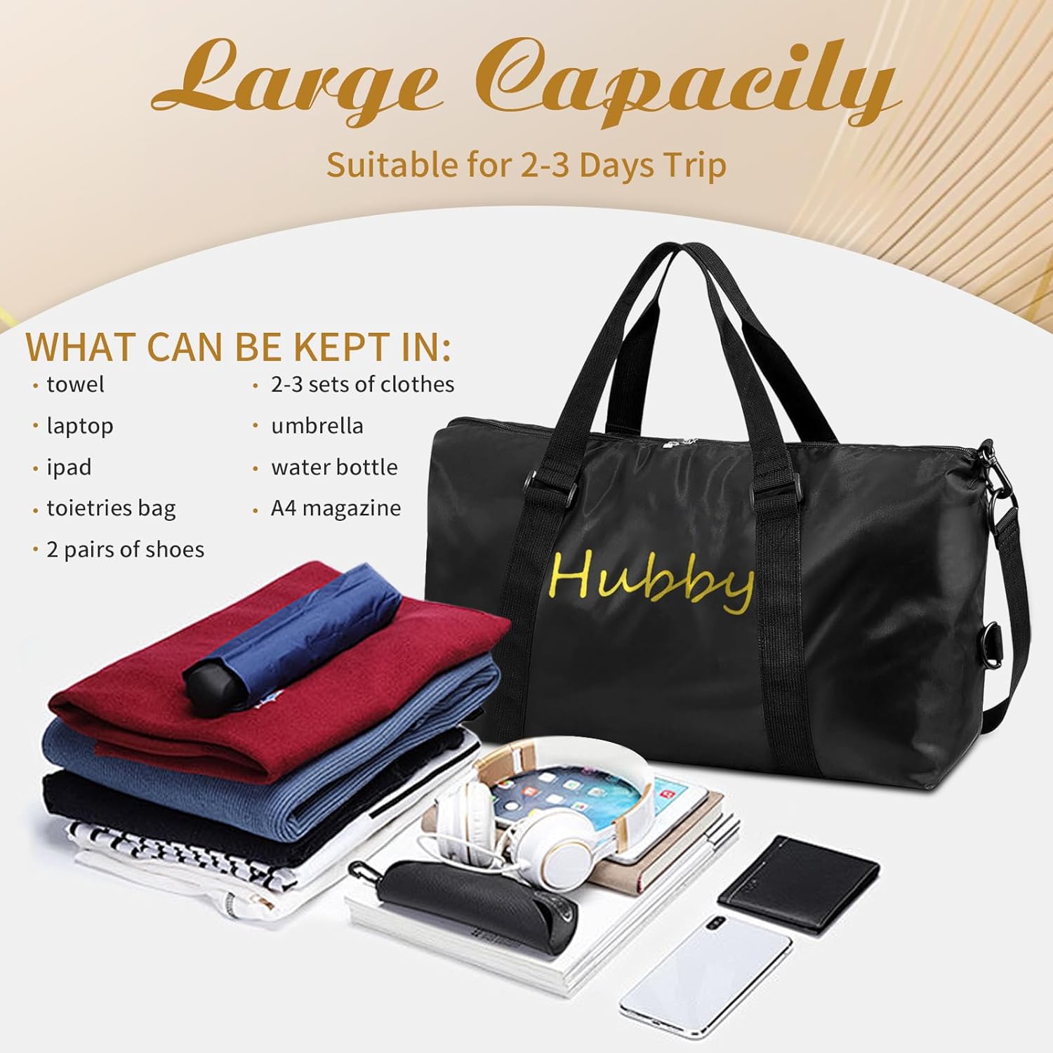 2 Pcs Wifey Hubby Duffle Bag Set White Black Wedding Travel Bags Waterproof Honeymoon Travel Bags Weekender Tote Bag For Women Men Couple Bridal Shower Honeymoon Party Organizer Supplies - Image 4