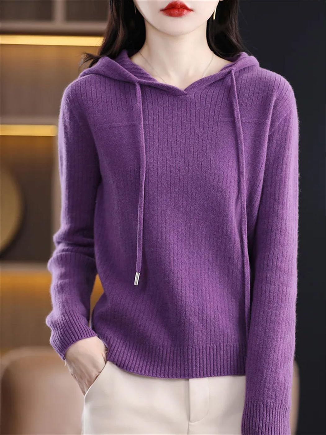 Women's Fall Winter Sweater Long Sleeve Hoodie 100% Merino Wool Pullover Slim Draw Stripe Texture Knit Tops