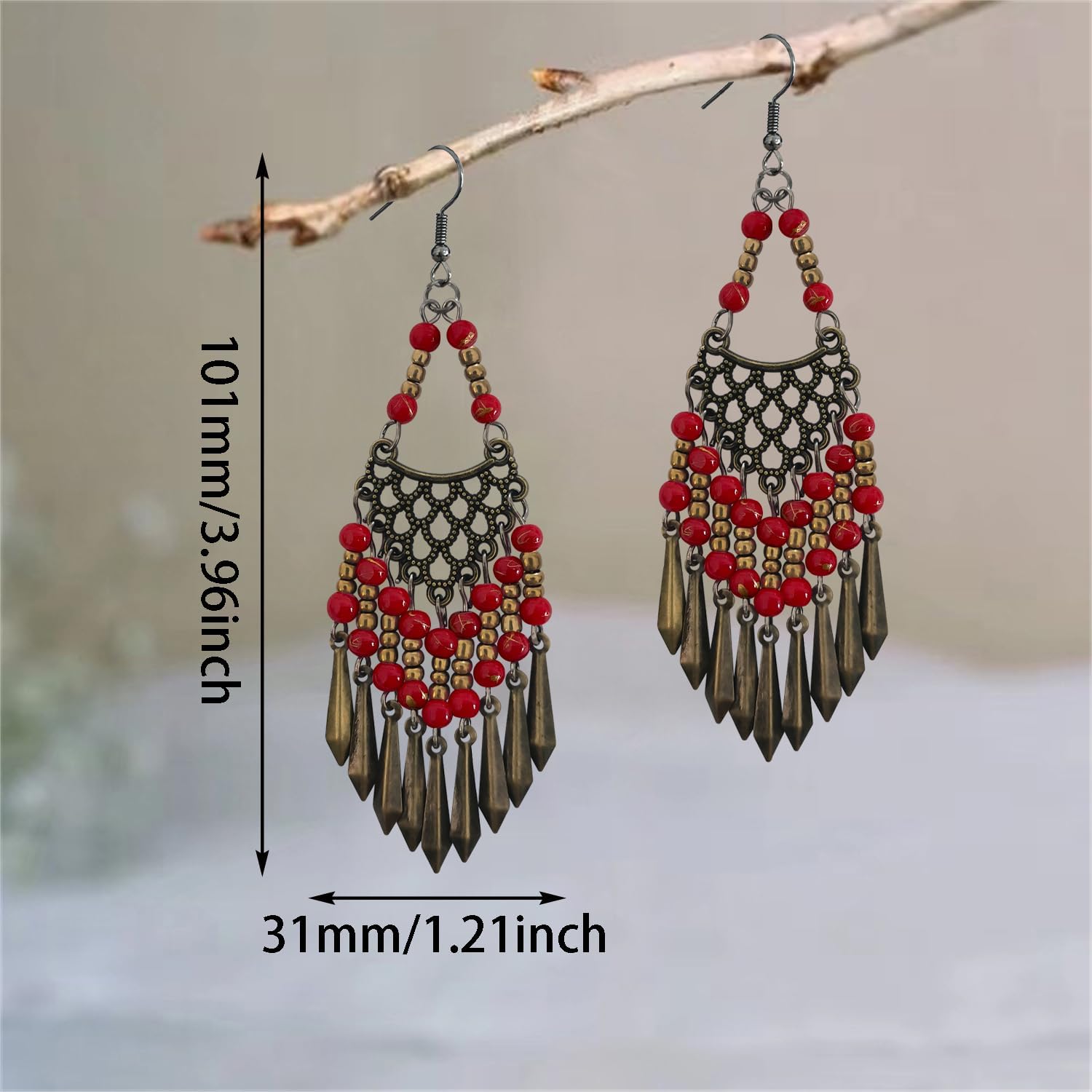 Handmade Vintage Bronze Bohemian Long Tassel Colorful Bead Dangle Drop Earrings Big Tribal Chandelier Geometry Hook Earrings for Women Statement Jewelry Gifts - Image 2