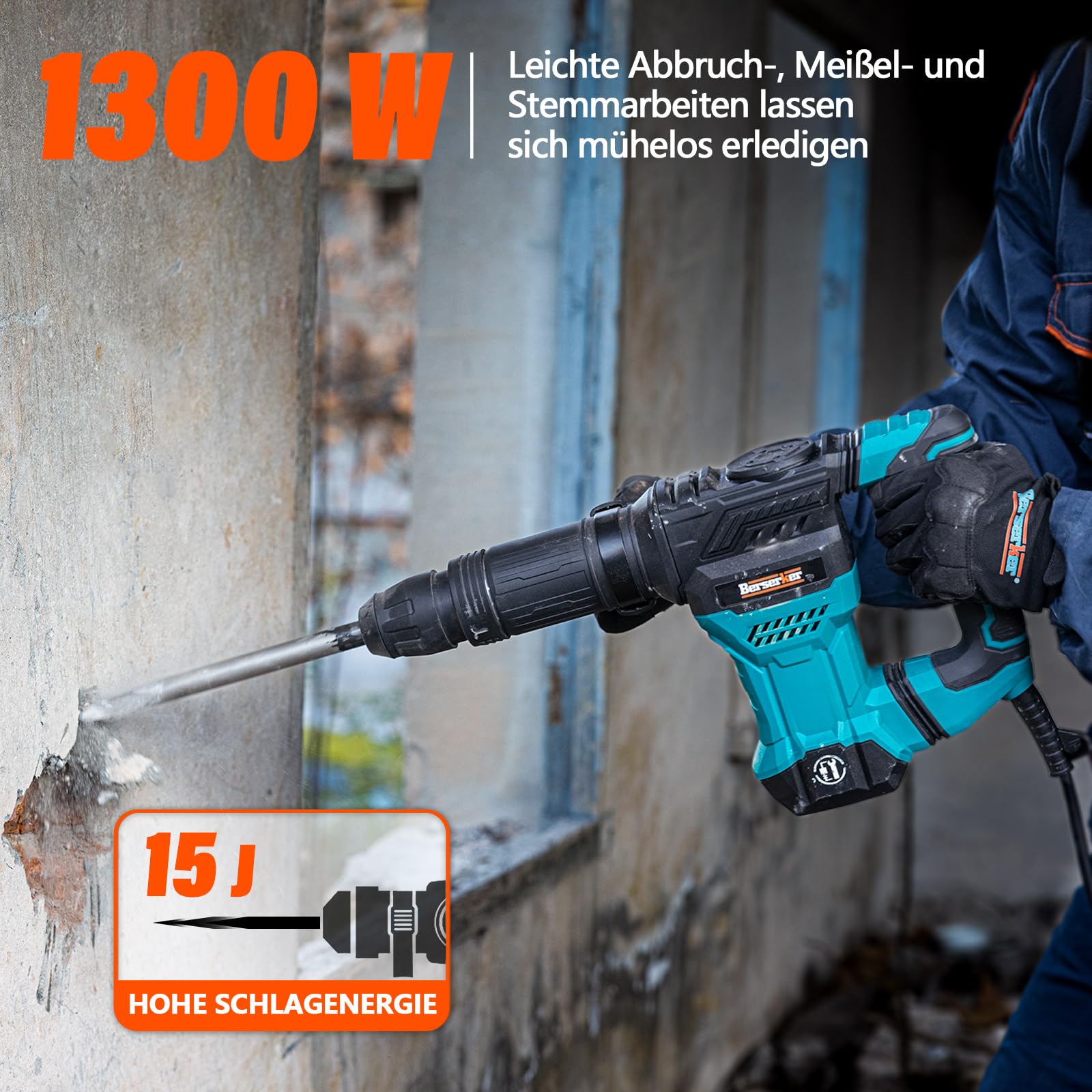 Berserker SDS-Max Abbruchhammer 1300W 15J Stemmhammer 230V für Beton 45HMC