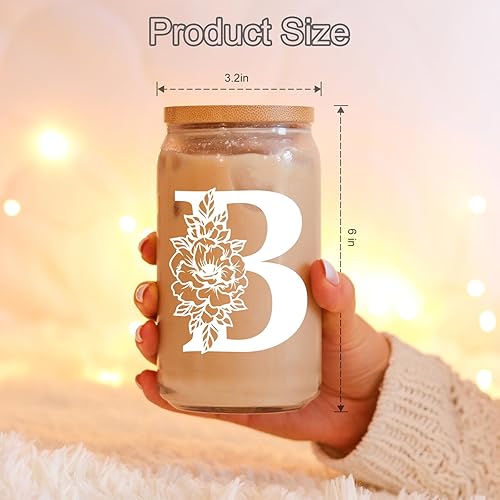 Miniatura 5 de Coolife Vaso de vidrio con inicial, regalos con monograma para mujer, tazas de vidrio de 16 onzas con tapas y pajitas, vaso de cerveza para batido