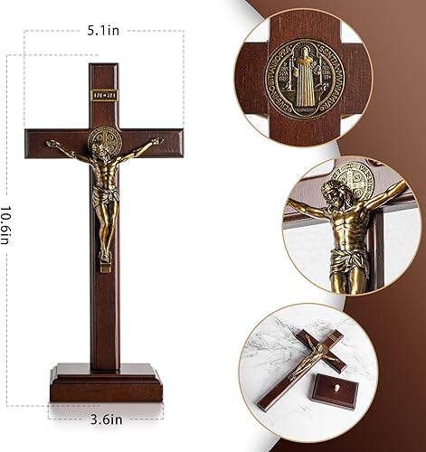 Miniatura 2 de KUXBET Crucifijo de madera con soporte desmontable de 10 pulgadas de pie católica de madera católica Jesucristo colgante de pared para decoración