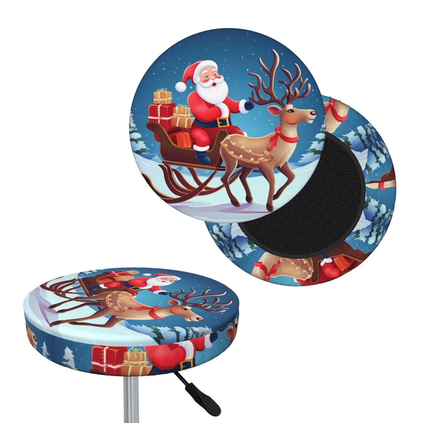 NONHAI Christmas Santa Deer Bar Stool Cover Round Elastic Stool Cushion Covers Dustproof Bar Chair Cover Washable Stool Cushion Slipcover Stretch Stool Seat Covers for 12-14 Inch Chair