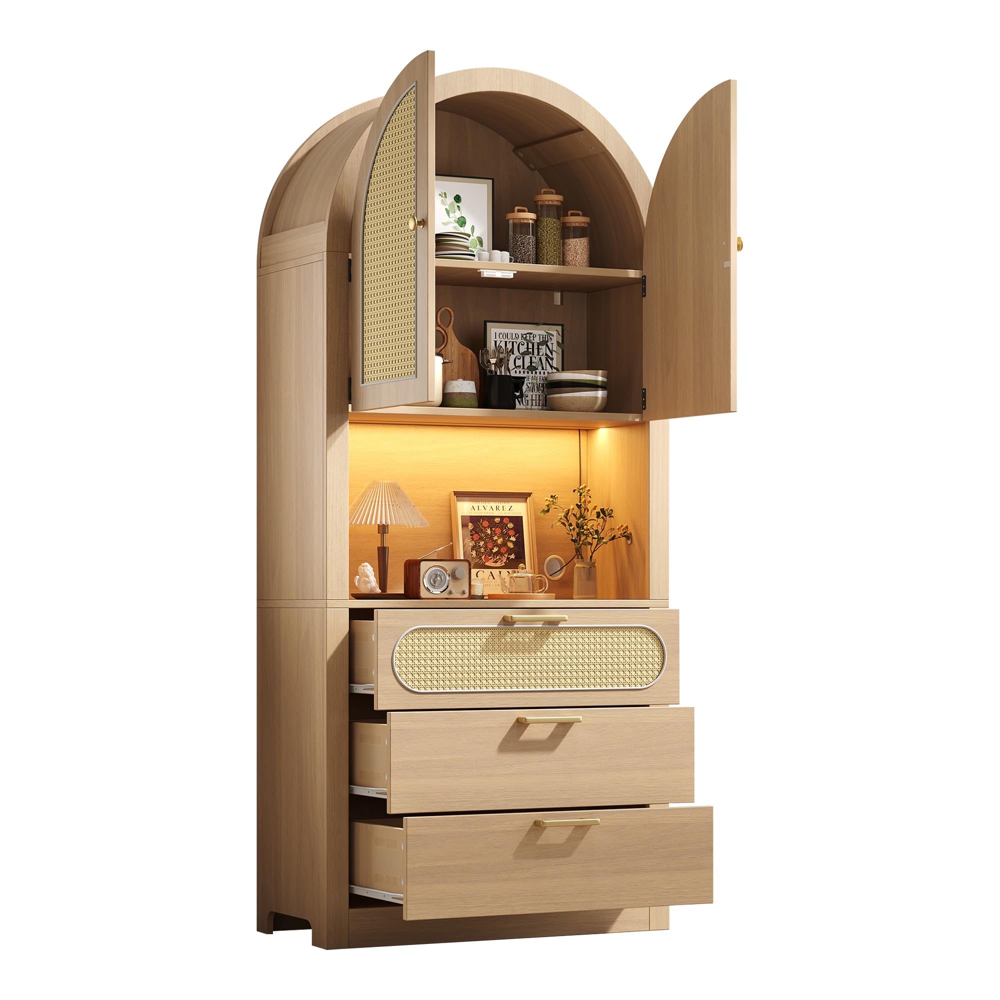 Azkoeesy Librería Curva Vitrina Alta 80x35x180cm con LED y Control App, 3 cajones y puertas con tiradores dorados, color roble claro + acabado ratán, moderno para salón y pasillo