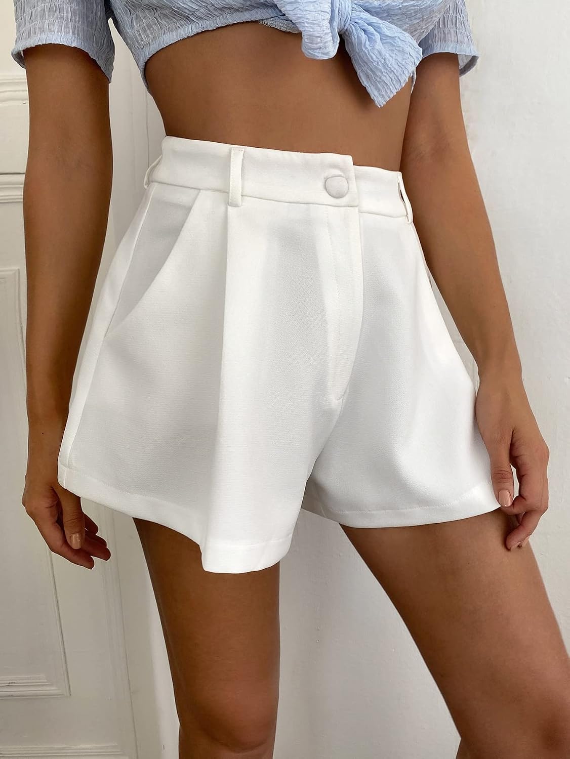Floerns Women's Solid High Waisted Wide Leg Casual Pleated Shorts with Pocket