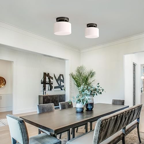 Miniatura 4 de KCO Lámpara de techo semiempotrada 1 lámpara de techo dorada de mediados de siglo, luz de techo negra cerca del techo con pantalla de vidrio