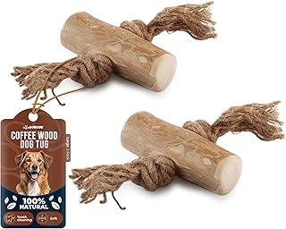2 Pack Coffee Wood Dog Chew Large Made of Real Coffee Woods and Hemp Rope - 100% Natural - Wooden Bones for Large Dogs, Teeth Cleaning, Wood Dog Bone
