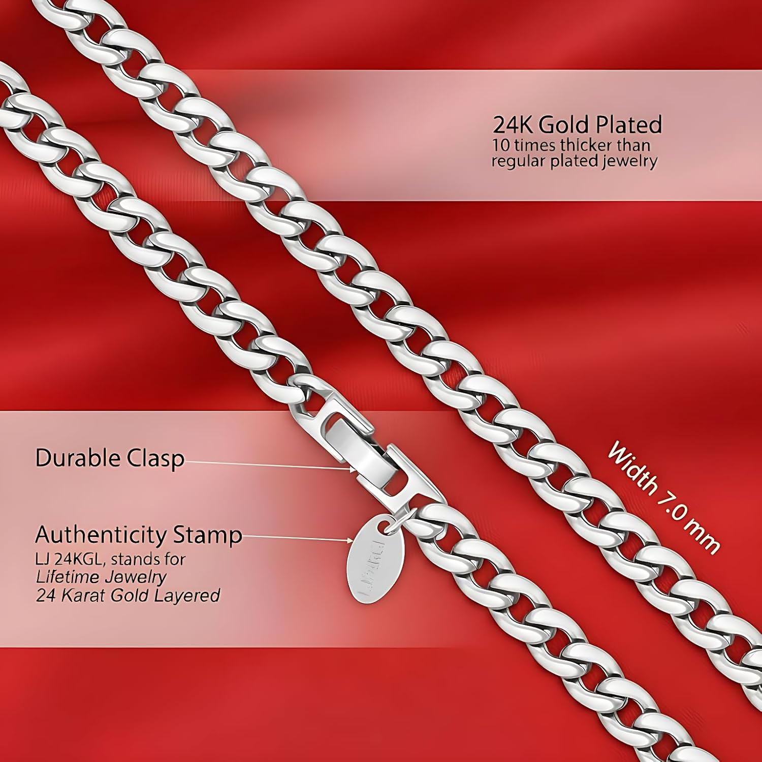 LIFETIME JEWELRY 7mm Polished Cuban Link Chain Necklace for Women & Men 24k Gold Plated - Image 4