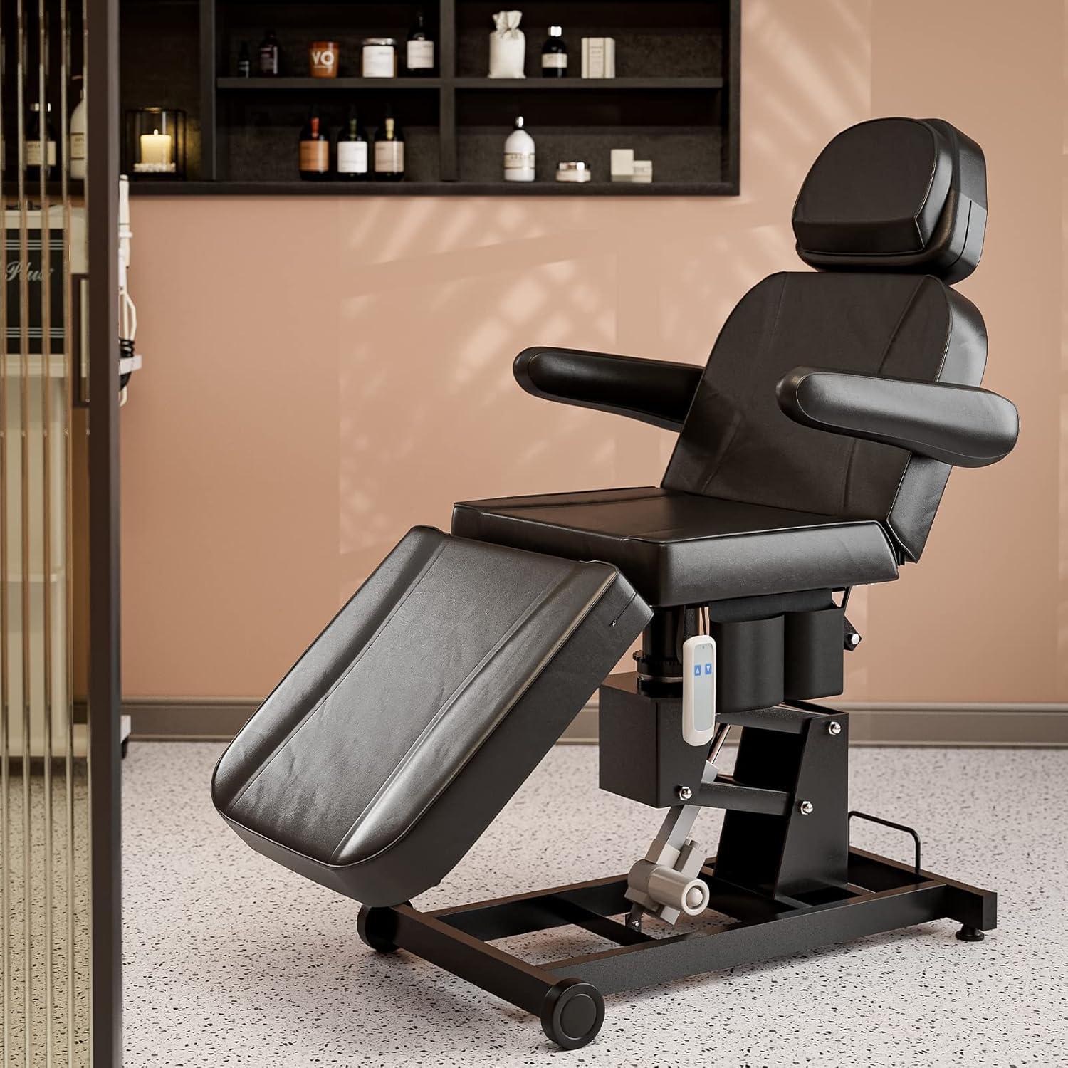 SyyBhb 360° Swivel Massage Table with Wheels, Electric Height Adjustable Spa Bed 3 Section Folding Tattoo Chair for Client, Headrest & Armrest Adjustable, Black