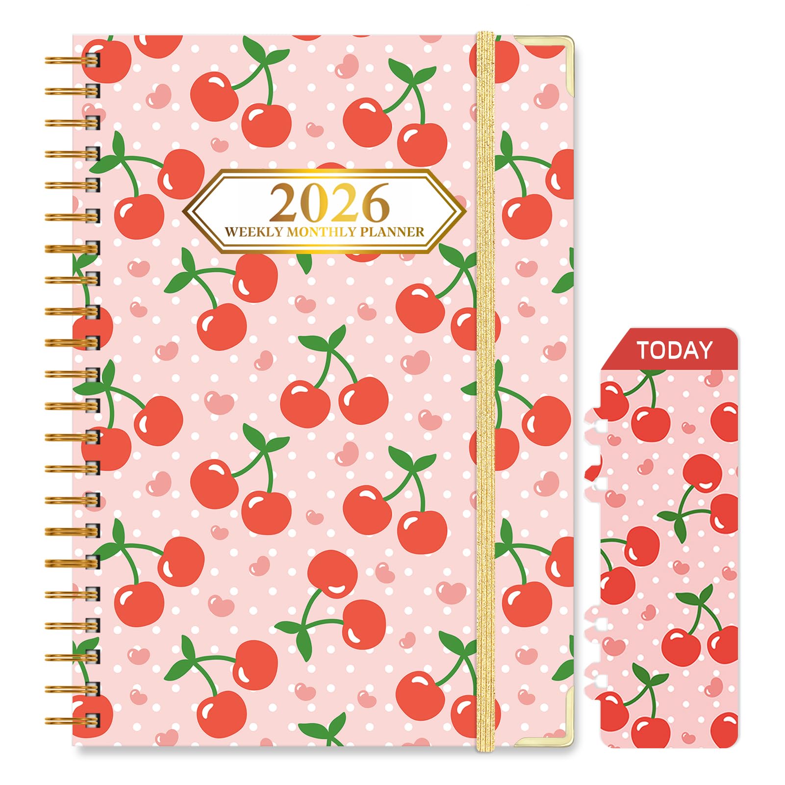 Knagsfa 2026 Monthly Planner, Jan.2026 - Dec.2026 Weekly Monthly Planner 6.25"x8.5" with Page Tabs, Calendar Hardcover with Inner Pocket, Elastic Band, Twin-Wire Binding, Bookmark, Cherry Polka Dots