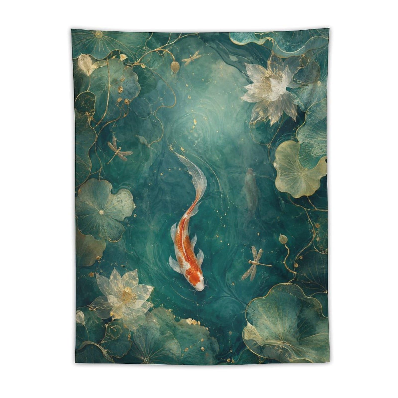 H3B8U2Y5 Koi Fish Pond Wall Tapestry, Ukiyo-e Style, Zen Water