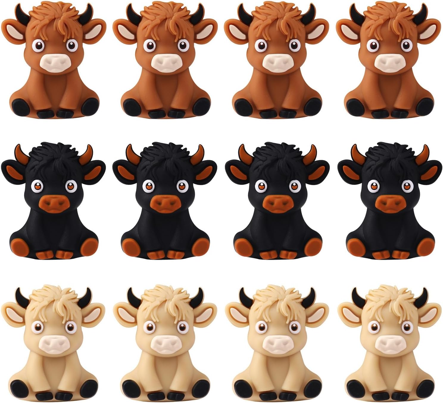 12Pcs 3D Highland Cow Silicone Beads Cow Characters Focal Beads Charms Rubber DIY Crafts Loose Spacer Bead Bulk for Pens Keychains Bracelet Necklace Lanyard Making