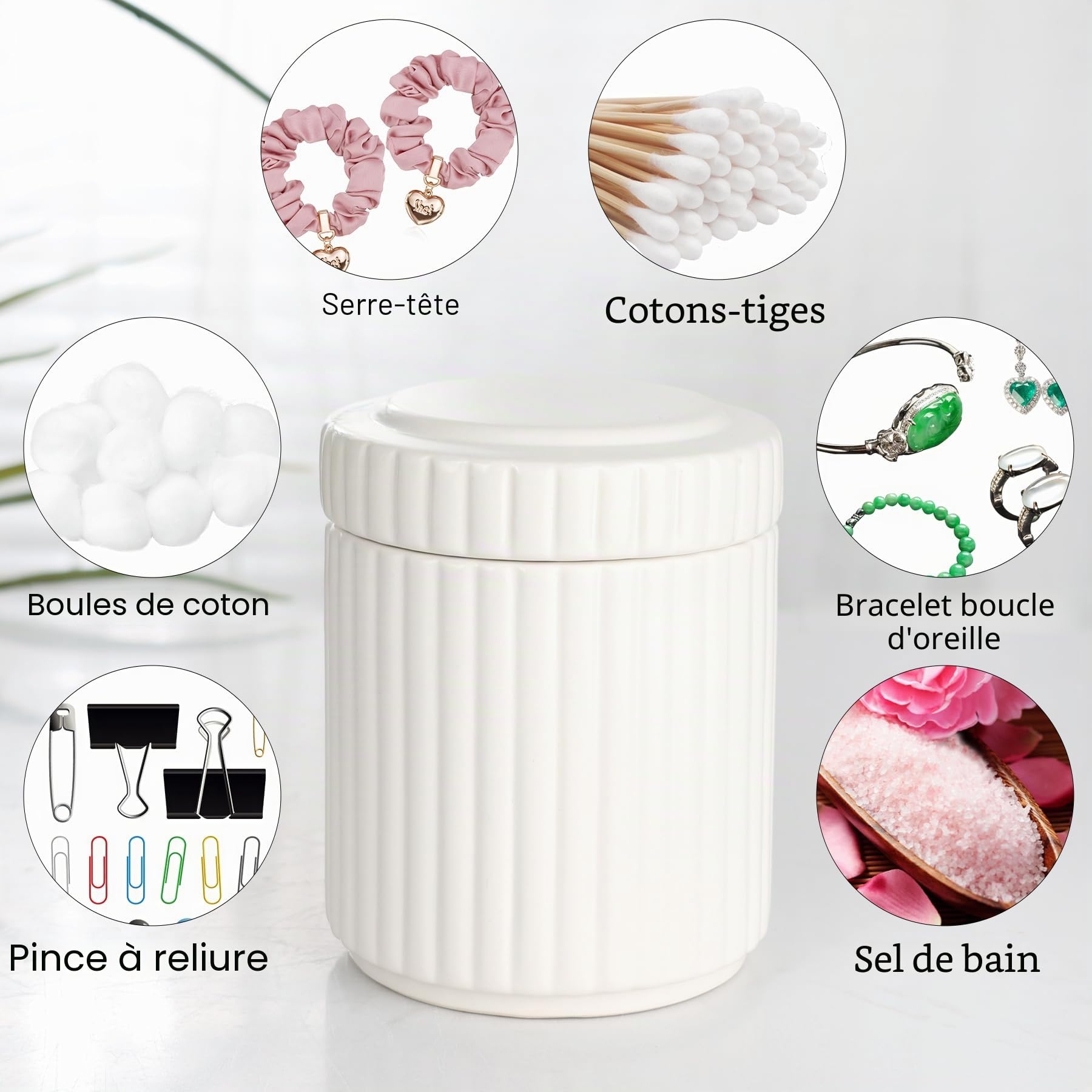 NOVAJOY Ensemble de salle de bain en céramique 5 pièces avec distributeur de savon, porte-savon, porte-brosse à dents, boîte à cotons-tiges, beige et blanc
