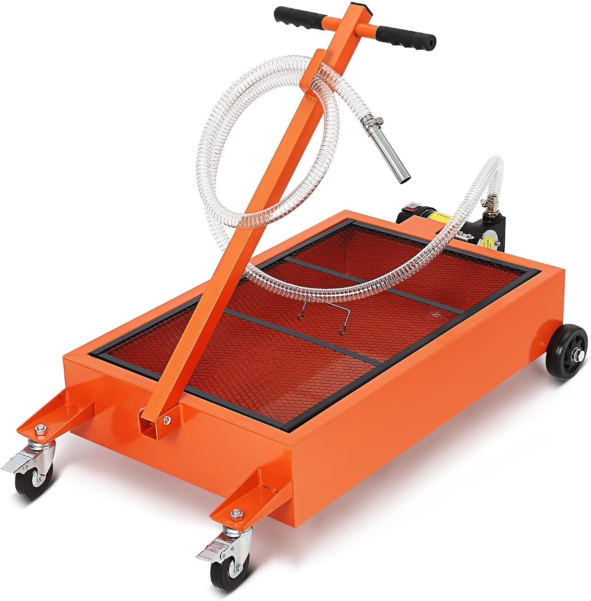 Low Profile 12V Oil Drain Pan, 15-Gallon Metal Oil Change Pan Cart with 180W Electric Pump, 8-Foot Hose, Folding Handle Design for Cars, SUVs, Trucks, Buses, RVs