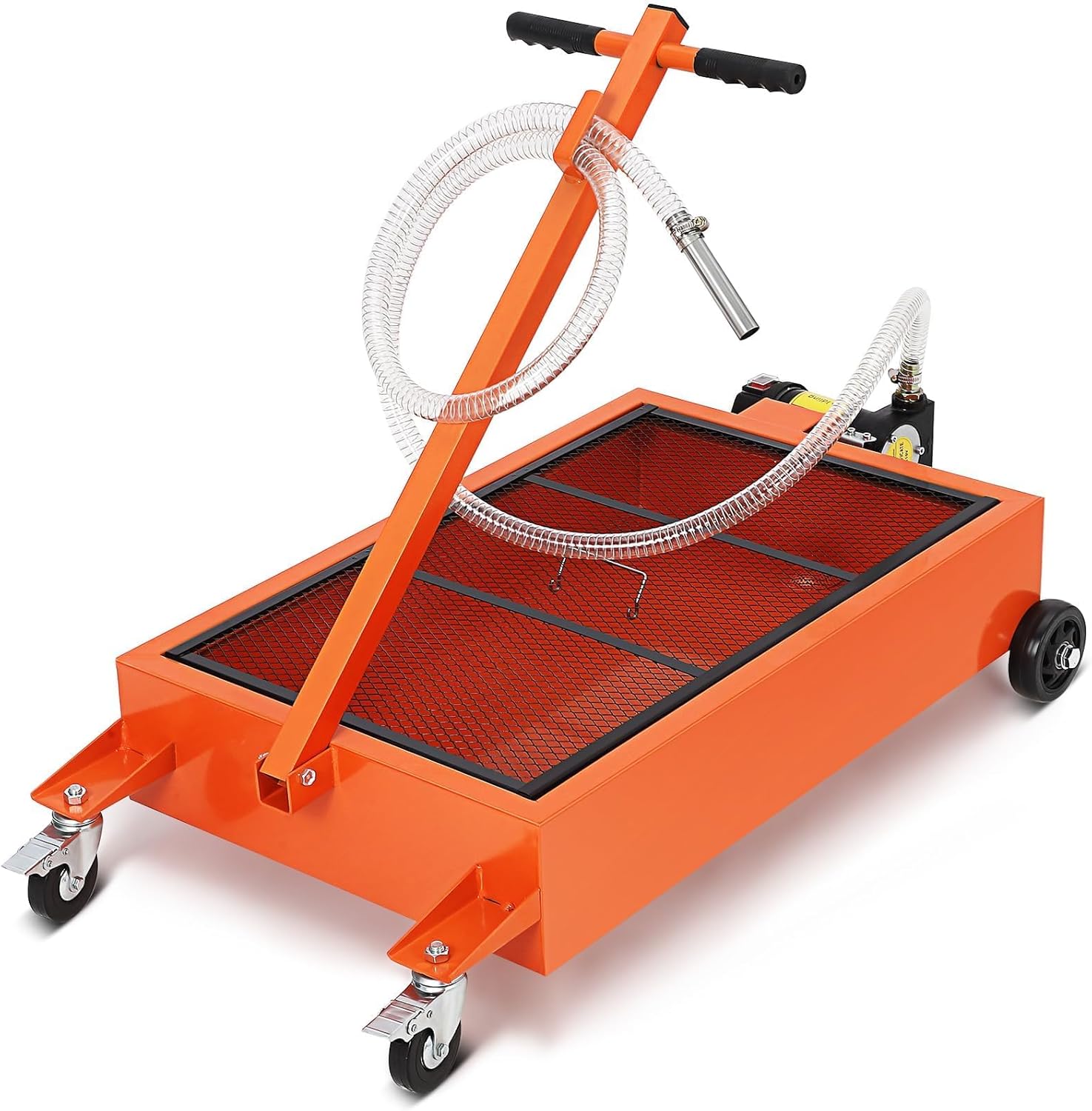 Low Profile 12V Oil Drain Pan, 17-Gallon Metal Oil Change Pan Cart with 180W Electric Pump, 8-Foot Hose, Folding Handle Design for Cars, SUVs, Trucks, Buses, RVs