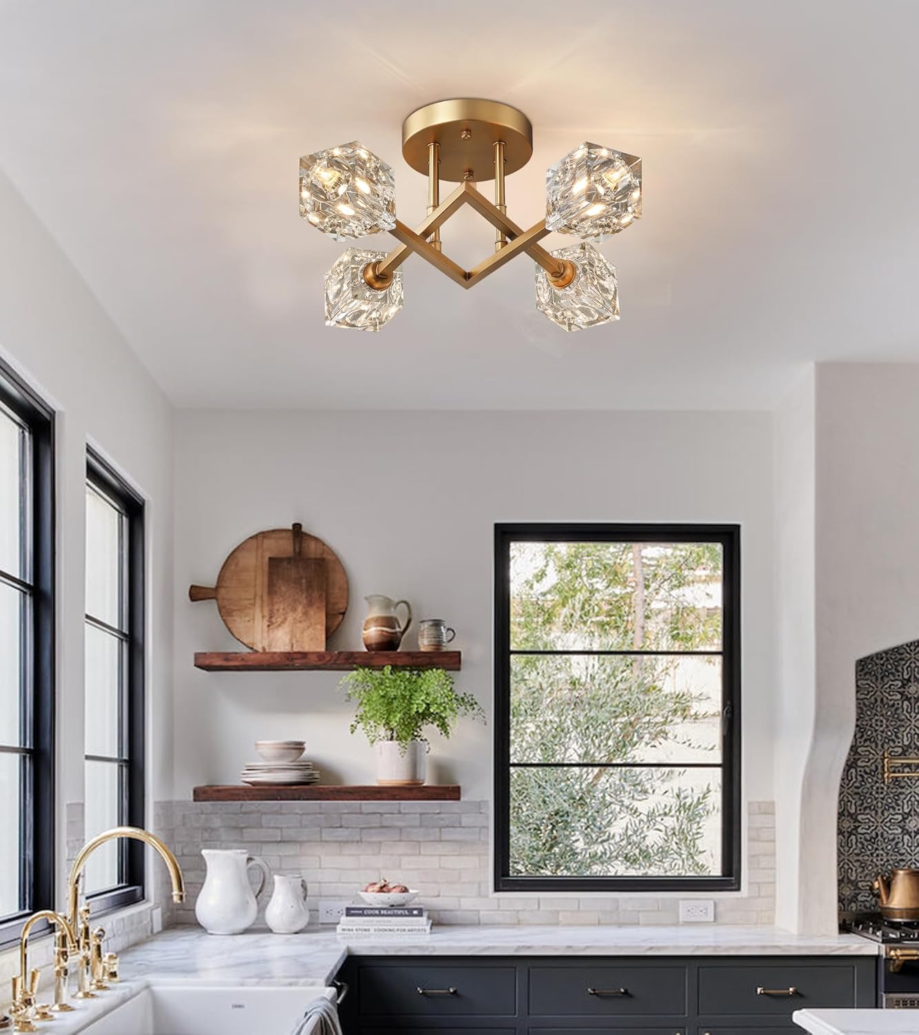 AMZASA Semi Flush Mount Ceiling Light,Gold Modern Crystal Chandelier Ceiling Light Fixtures for Entryway Hallway Dining Room Kitchen Living Room Bedroom