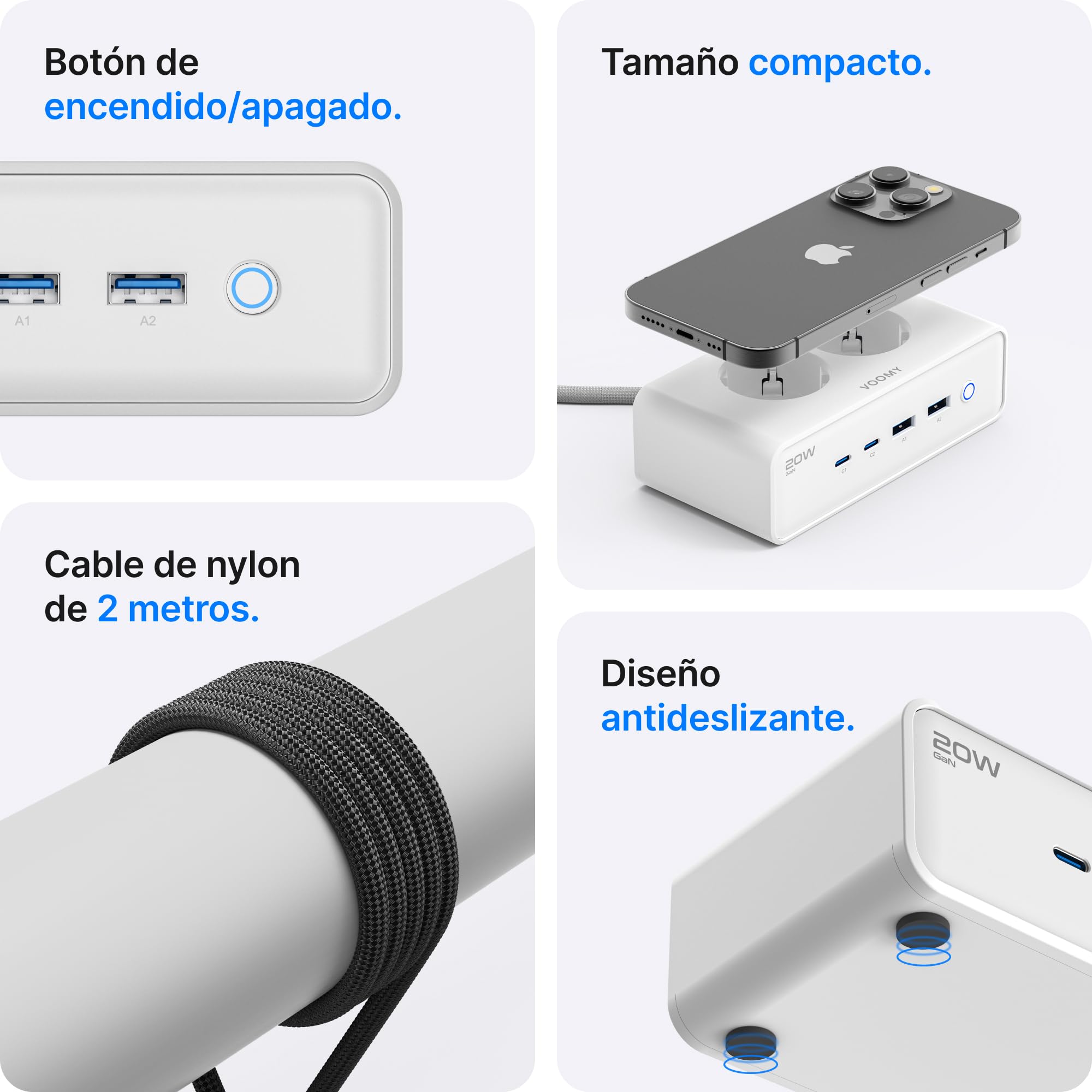 Voomy Mehrfachsteckdosen mit 20W USB Ports, Überspannungsschutz, Überlast- & Kurzschlussschutz, Sicherheitsverschluss, 2 Meter (Weiß) (Packung mit 2)