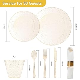 Goodluck 350 Piece Gold Glitter Plastic Dinnerware Set for 50 Guests, Disposable Plates for Party, Include: 50 Dinner Plates, 50 Dessert Plates, 50 Rolled Napkins with Silverware, 50 Cups