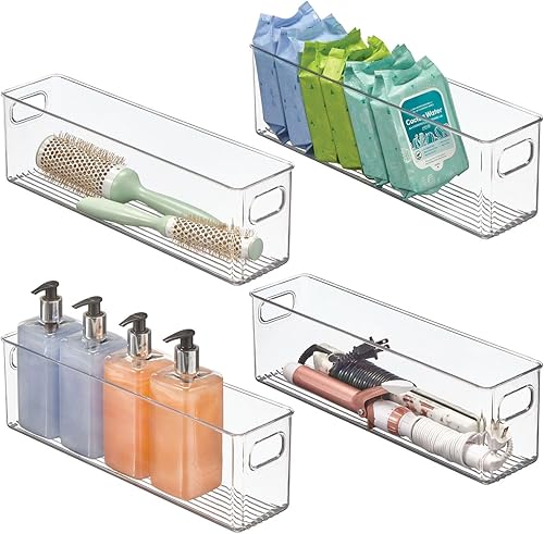 mDesign Organizador de baño de plástico  Contenedor de almacenamiento con asas para tocador, armario, estante de gabinete, ropa de cama o armarios