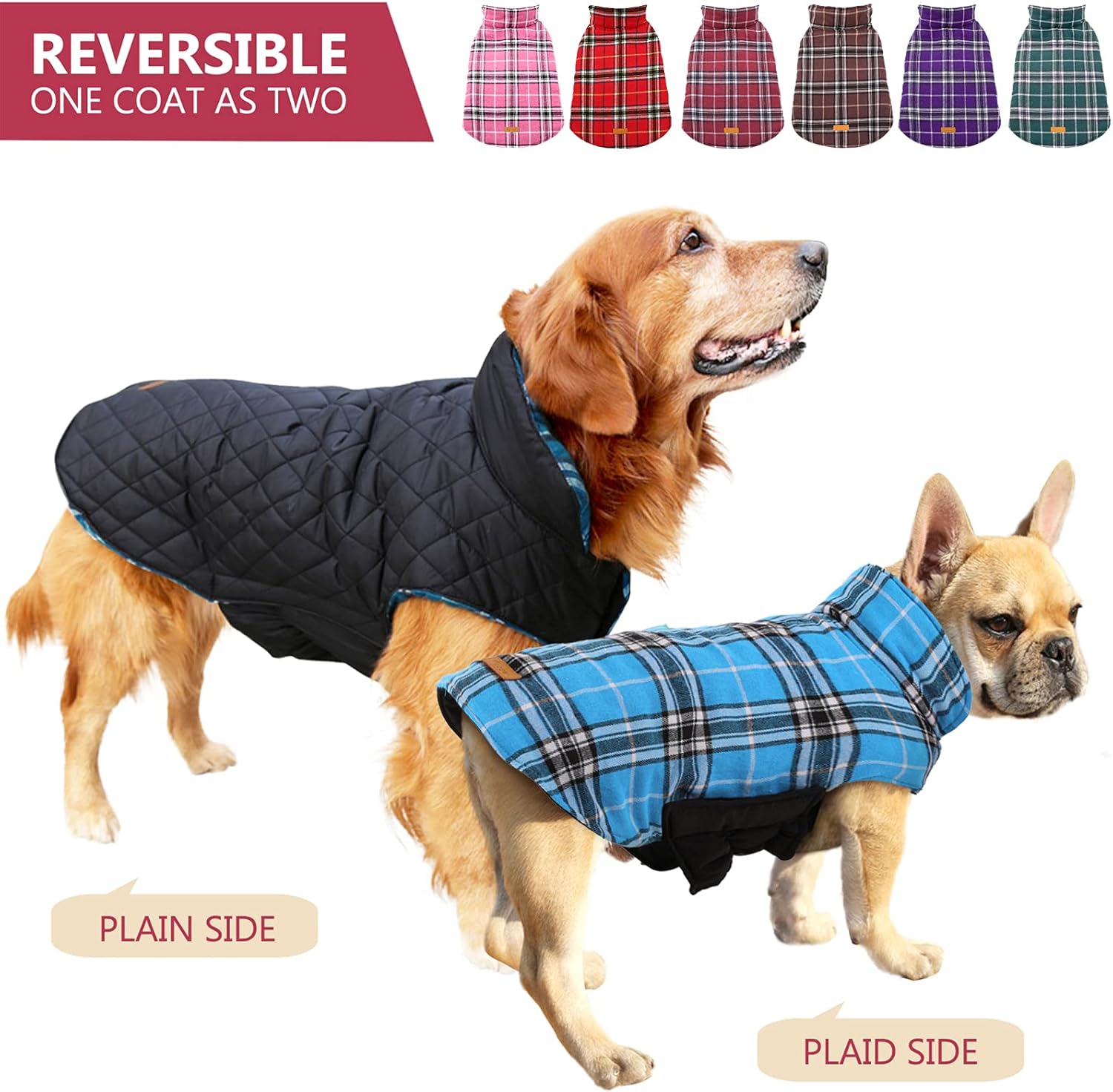 Kuoser Dog Coats Dog Jackets Waterproof Coats for Dogs Windproof Cold Weather Coats Small Medium Large Dog Clothes Reversible British Style Plaid Dog Sweaters Pets Apparel Winter Vest for Dog Blue M : Pet Supplies