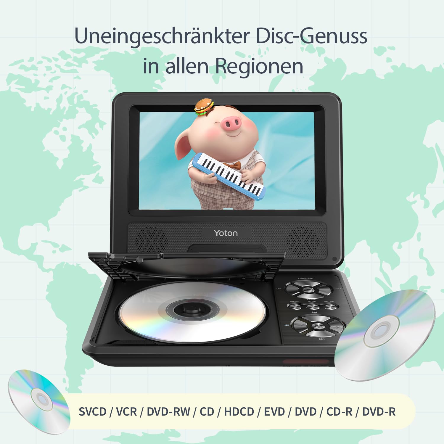 9,5" Tragbarer DVD-Player für Kinder im Auto mit 7,5" HD-Schwenkbildschirm, Stereo-Lautsprechern, 6 Stunden Akkulaufzeit, Sync-TV/USB/SD-Karte-Unterstützung [Kein Blu-ray Support]