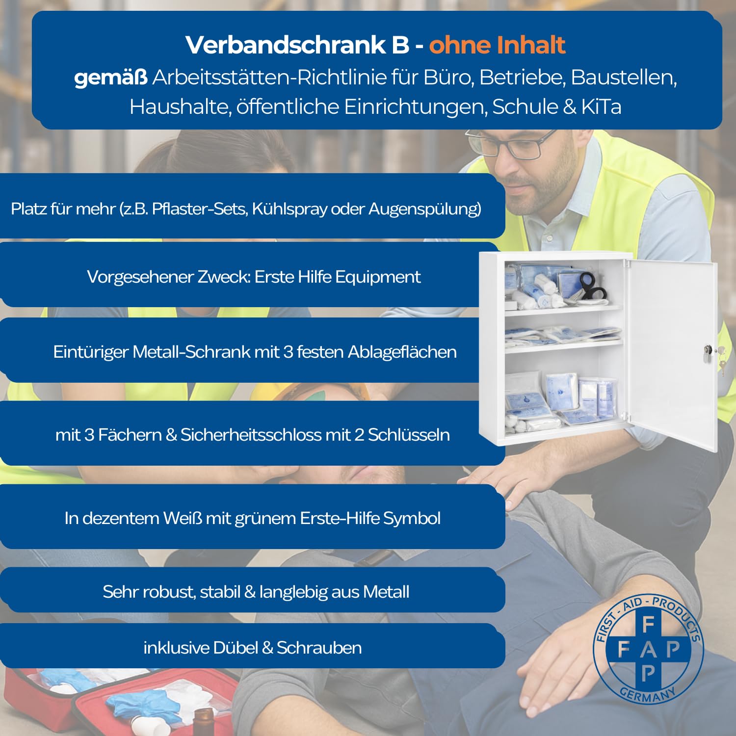 First Aid Products Verbandschrank B - leer - Medizinschrank Metall, 3 Ablageflächen kompakt mit Sicherheitsschloss – Weiß – wandmontierbar, robust & platzsparend – 46 x 30 x 14 cm