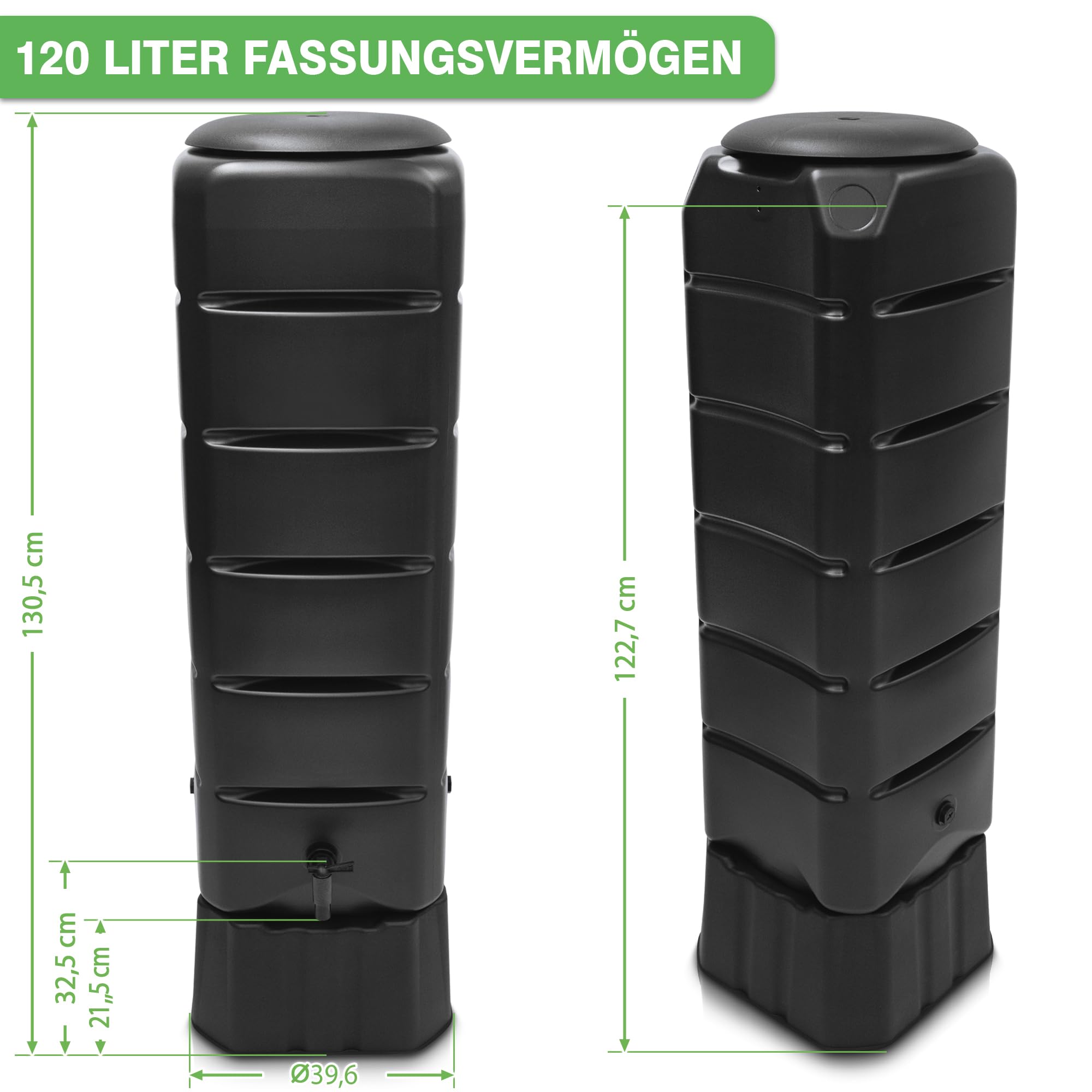 YourCasa Regentonne [Tower] 120L mit Standfuss, Deckel & Wasserhahn - Regenfass Frostsicher aus Kunststoff - Regenwassertonne - Regenwassertank Garten Wassertank Regensammler (Anthrazit)