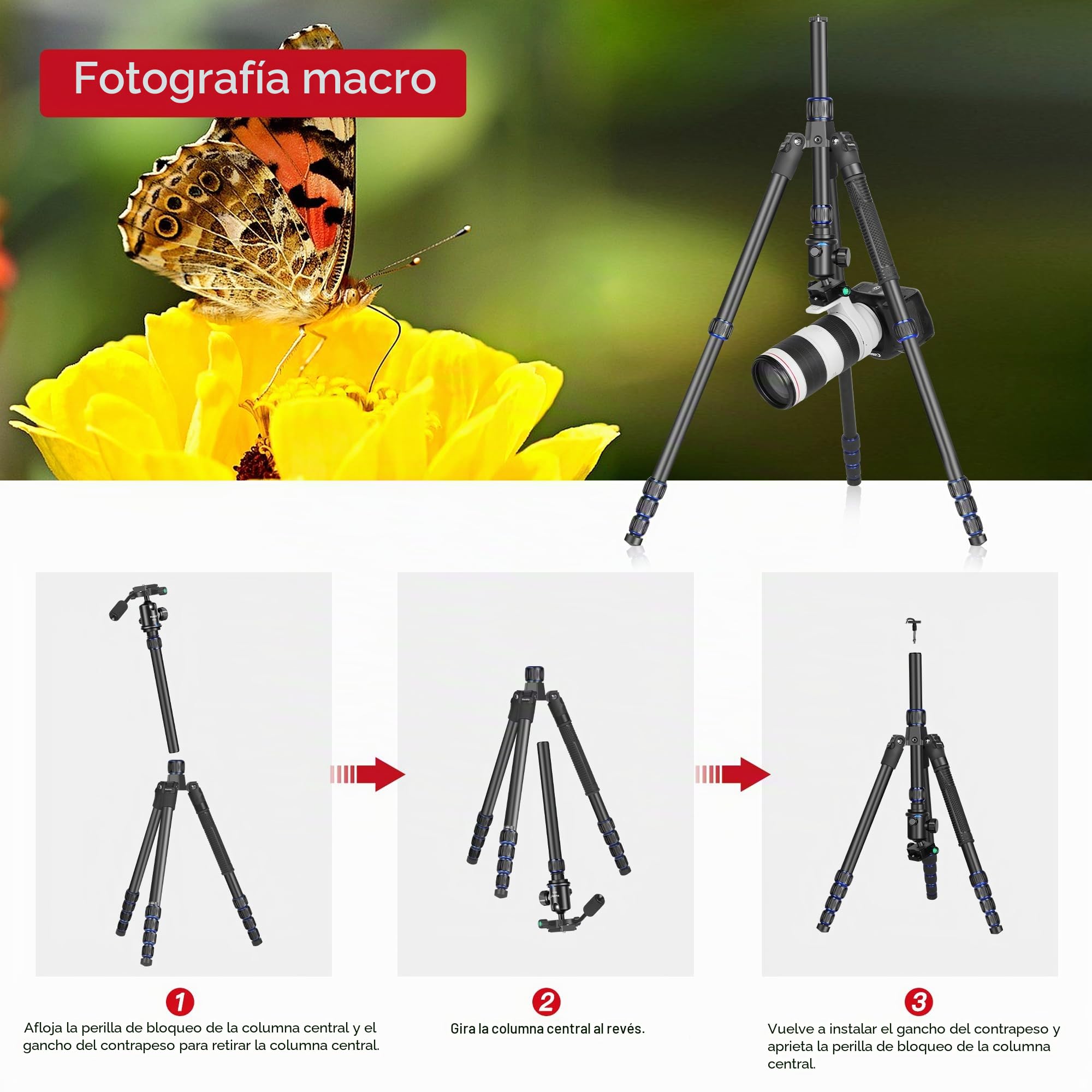 Manbily Trípode para Cámara 42-188cm de Aluminio con 360° Cabeza de Bola con Mango, y Monopié MAX. 195cm para Viaje Compacto para DSLR Cámara Video Clip de Móvil Canon Nikon Sony (MA-255L) Azul