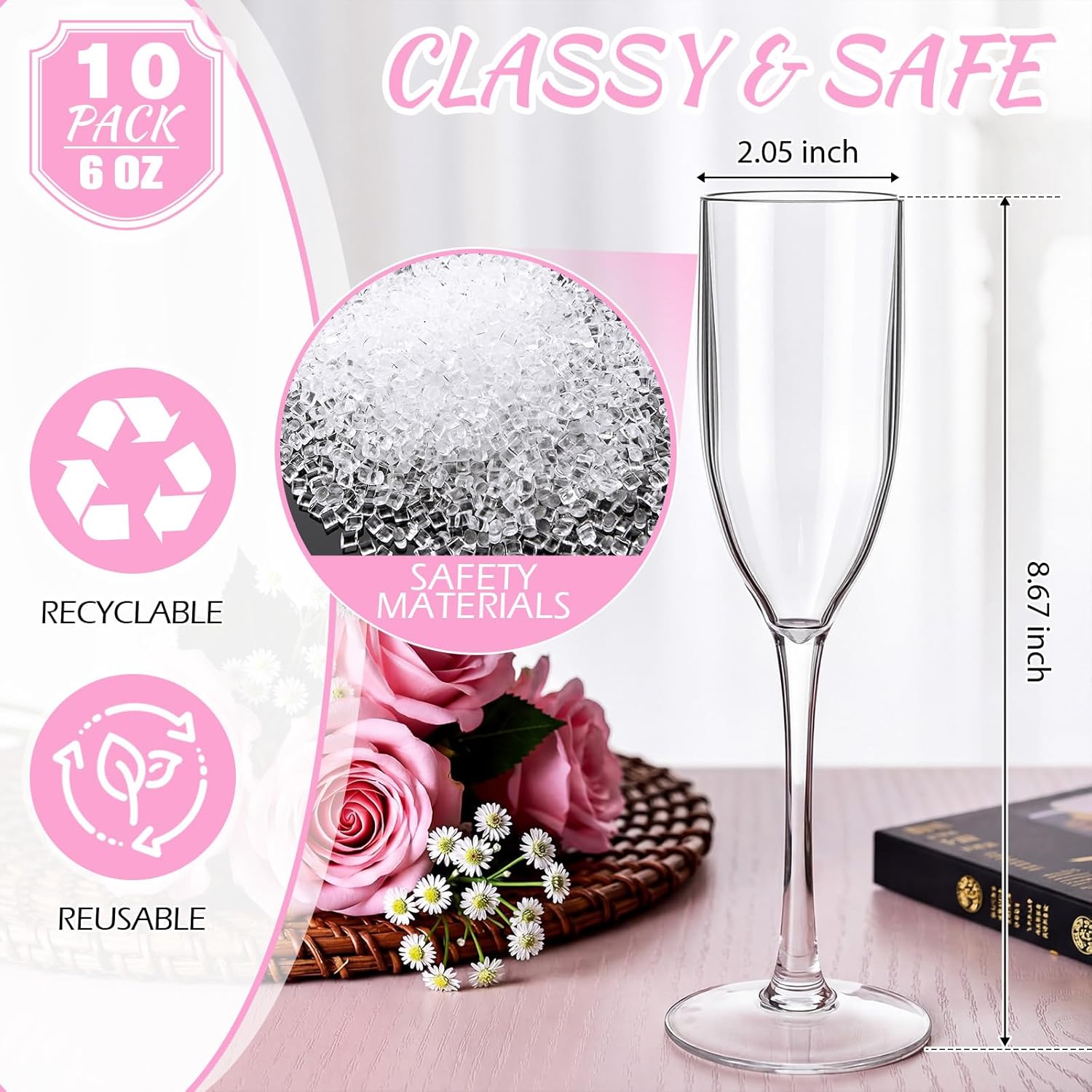 Zopeal Plastic Reusable Champagne Flute Glasses 6 oz and 50 Pcs Bow Set Acrylic Wedding Toasting Goblet 3.5" Bow Unbreakable Wine Cup for Bachelorette Bridal Shower Party(Clear and Pink)