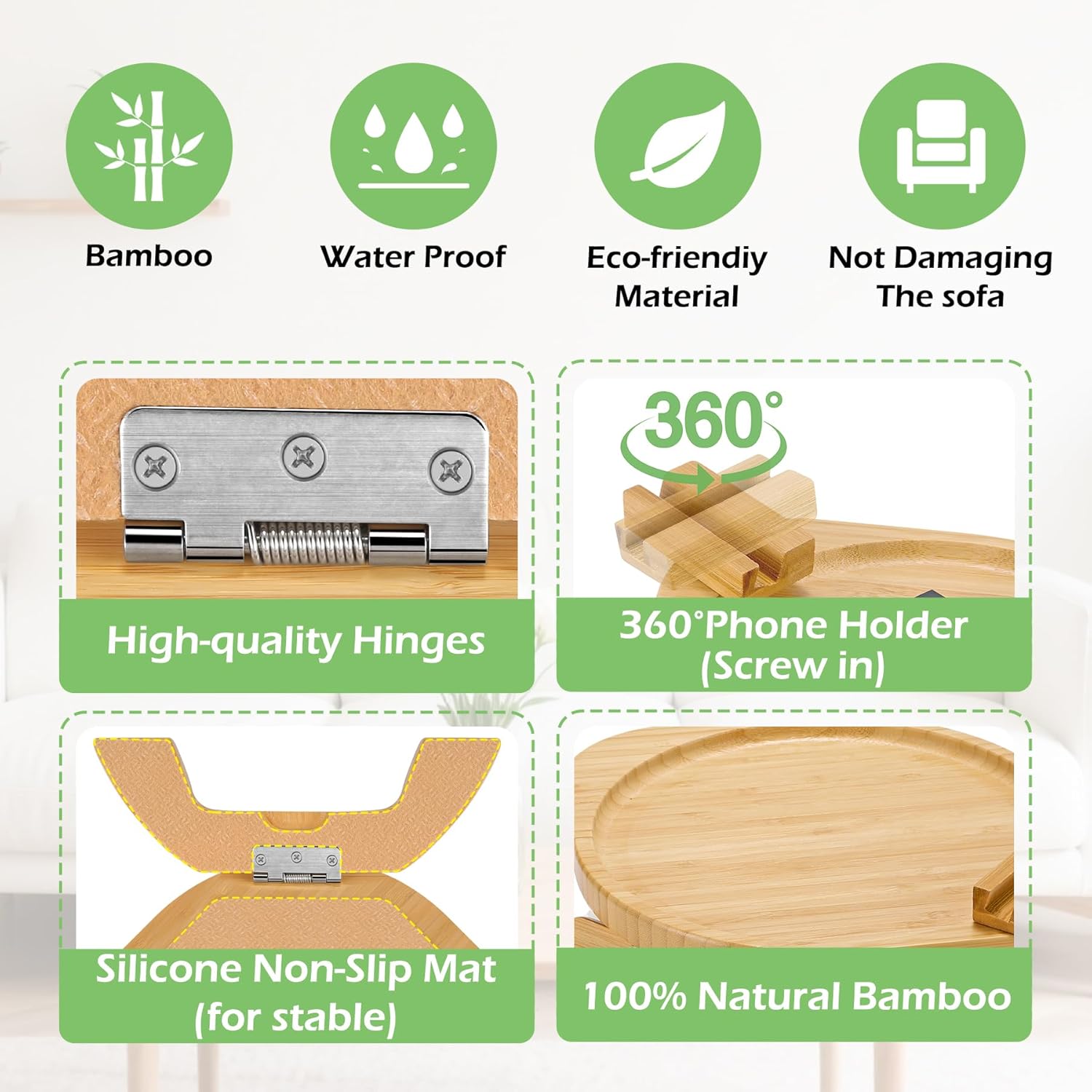 SINWANT Couch Arm Table, Bamboo Round Sofa Clip on Tray with 360° Phone Holder,Foldable Couch Armrest Table Eating on Chair Recliner for Snack Drink