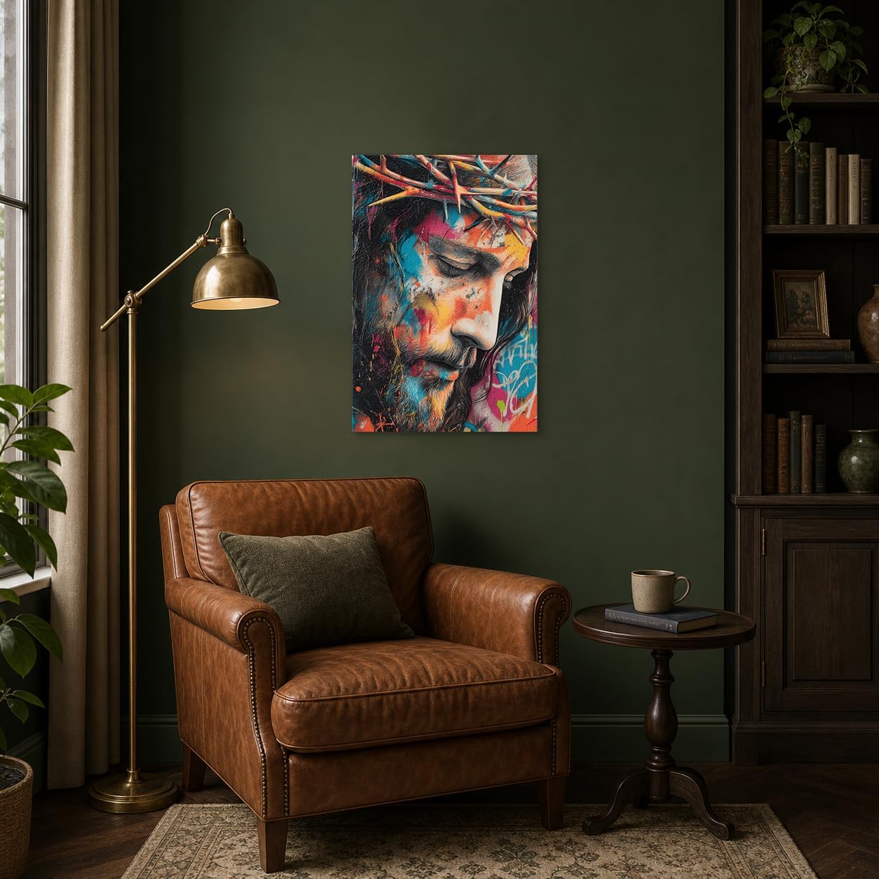 Jesus Wall Art Crown of Thorns Christian Home Decor with Built-in Wooden Frame - Jesus Pictures for Wall & Religious Pictures Graffiti Art for Living Room & Bedroom - Lightweight & Easy Hanging, 16x24 Inches image 3