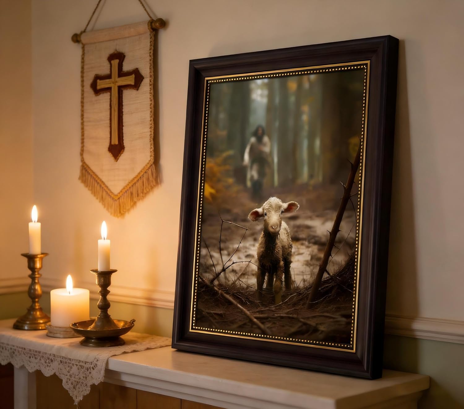 Framed Wall Art Jesus and Lamb Art Jesus Running After Lost Sheep Picture Wall Decor Christianity Lambs of God Home Decoration Inspirational Christian Poster Prints 16X24in