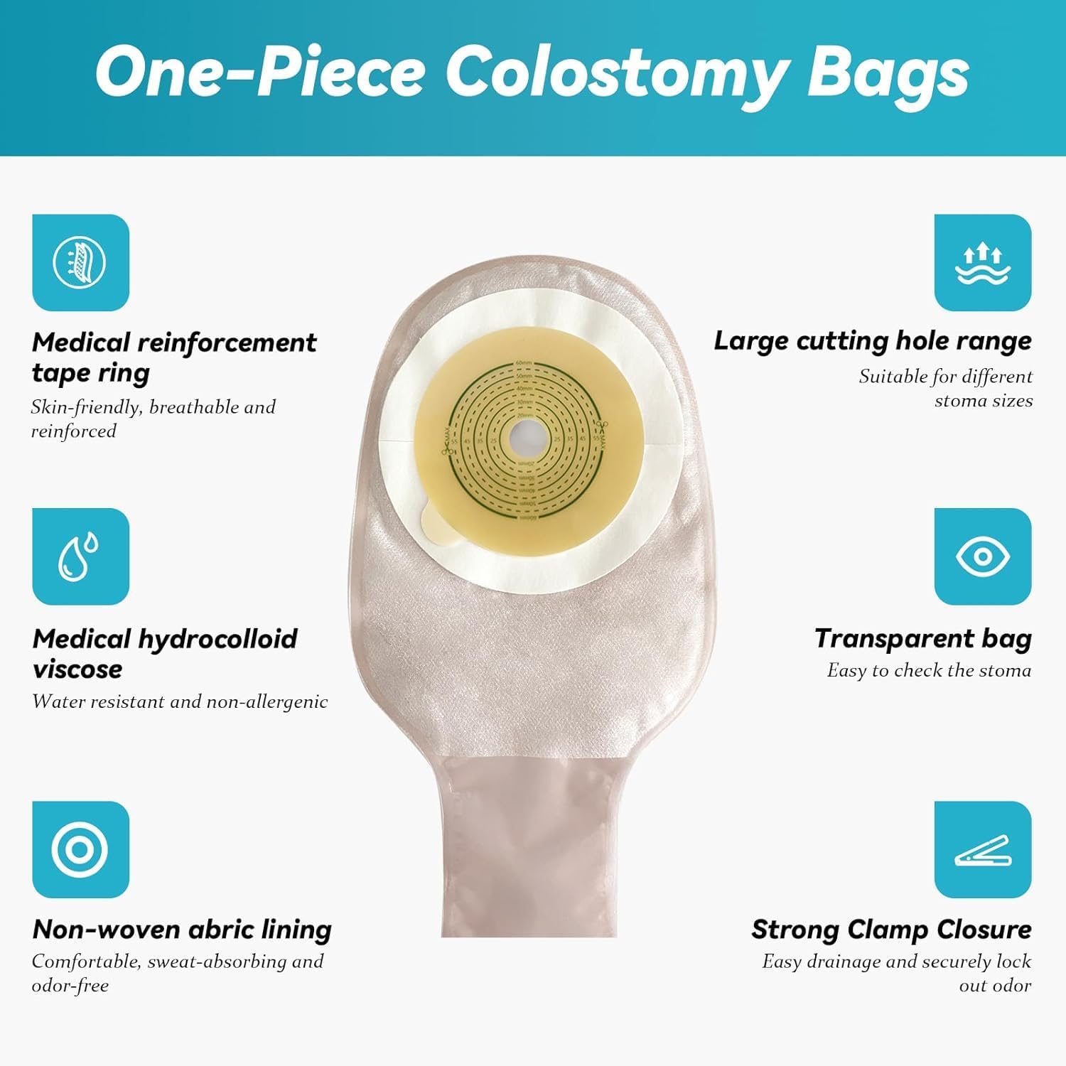 Colostomy Bags, One Piece Ostomy Pouch Ostomy Supplies, 20mm-60mm Cut-to-Fit Drainable Pouches with 4 Clips Closure for Ileostomy Stoma Care (40PCS)