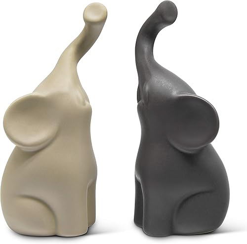 Miniatura 7 de Loving Pair of Elephants in Beige & Grey - Modern Ceramic Sculpture - Figurine as a Set - Decoration Figure 6.3" high - Ornament Elephant in Love