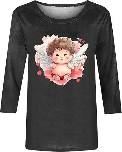 Miniatura 4 de Camisetas para el día de San Valentín para mujer, lindas camisetas gráficas de ángel bebé, ajuste holgado, manga 34, cuello redondo, camisetas