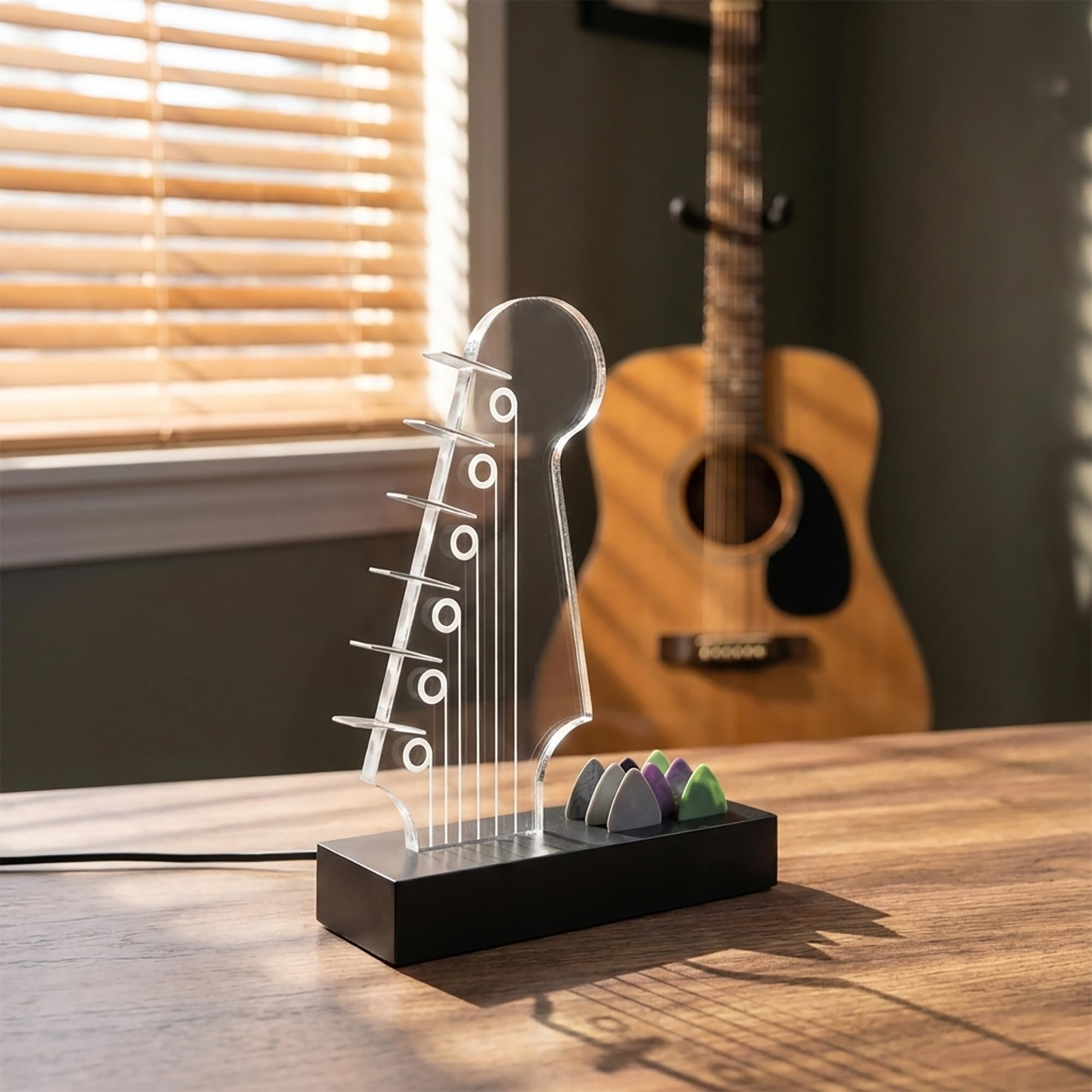 Soporte para púas de guitarra iluminado: diseño de cabezal de guitarra eléctrica, luces que cambian de 7 colores, regalos de guitarra para los amantes de la música, exhibición de púas de guitarra con