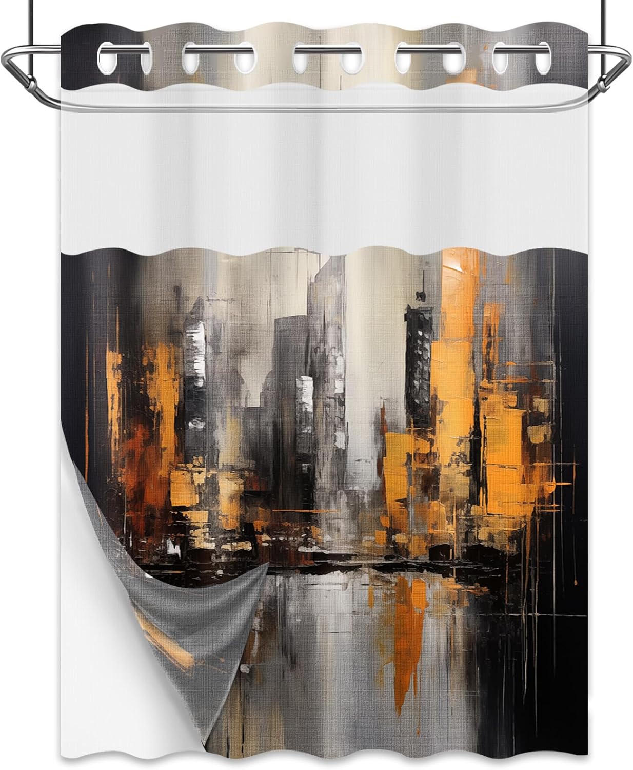 Orange and Black Hookless Shower Curtain with Snap in Liner, Abstract Art Modern Mens No Hook Double Layer Shower Curtain and Liner Set, Waterproof Cloth Fabric, 71" W X 74" L (Pack of 1)