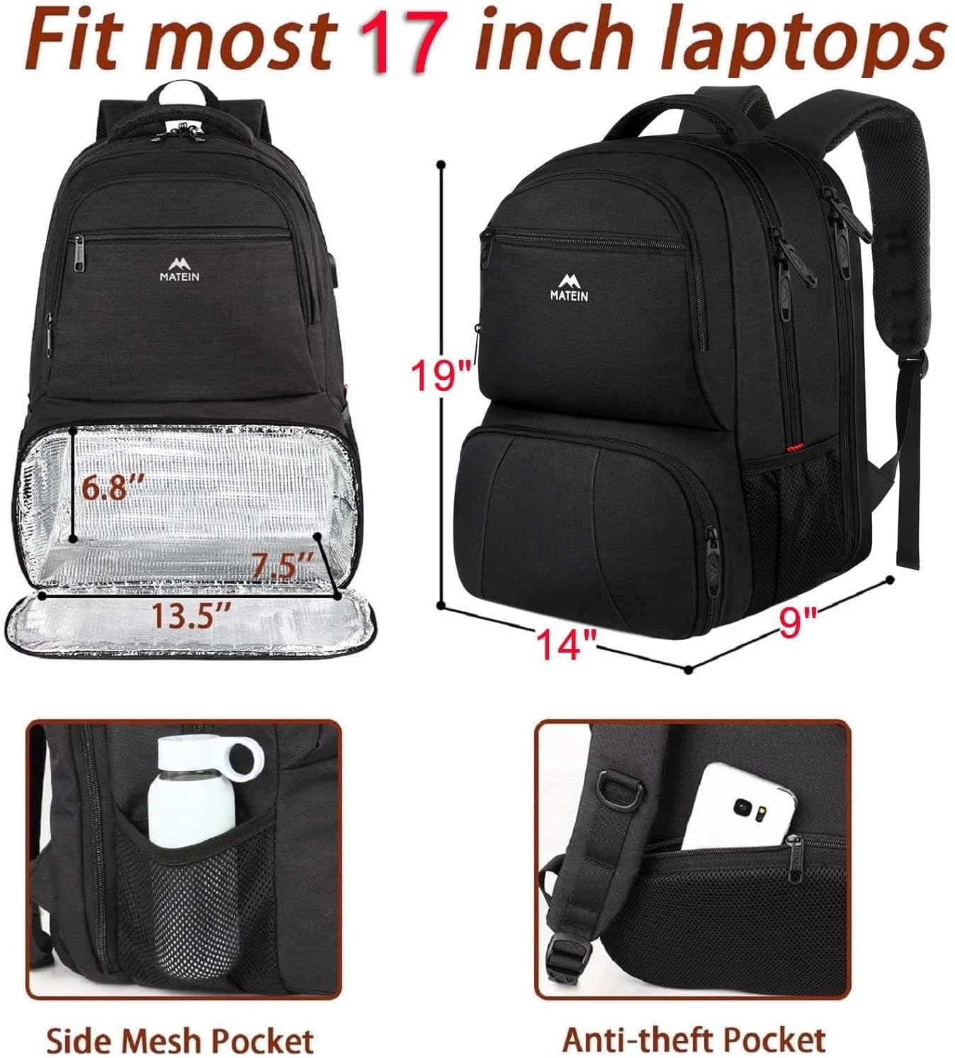 MATEIN Lunch Backpack for Men, 17 Inch Insulated Cooler Backpack with Lunch Compartment, Water Resistant Laptop Back Pack Computer Meal Prep Backpacks Mens Gifts Work Picnic College Travel
