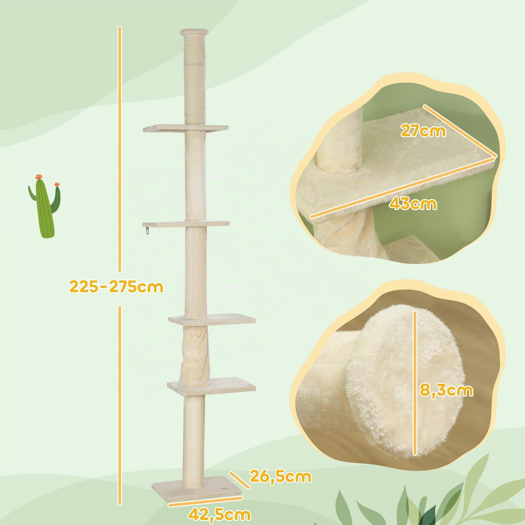 PawHut Kratzbaum Deckenhoch Höhenverstellbar 225-275 cm Cremeweiß | Katzenbaum, Katzenkratzbaum mit Kratzsäulen, 5 Plattformen, Katzenturm für mittelgroße Katzen