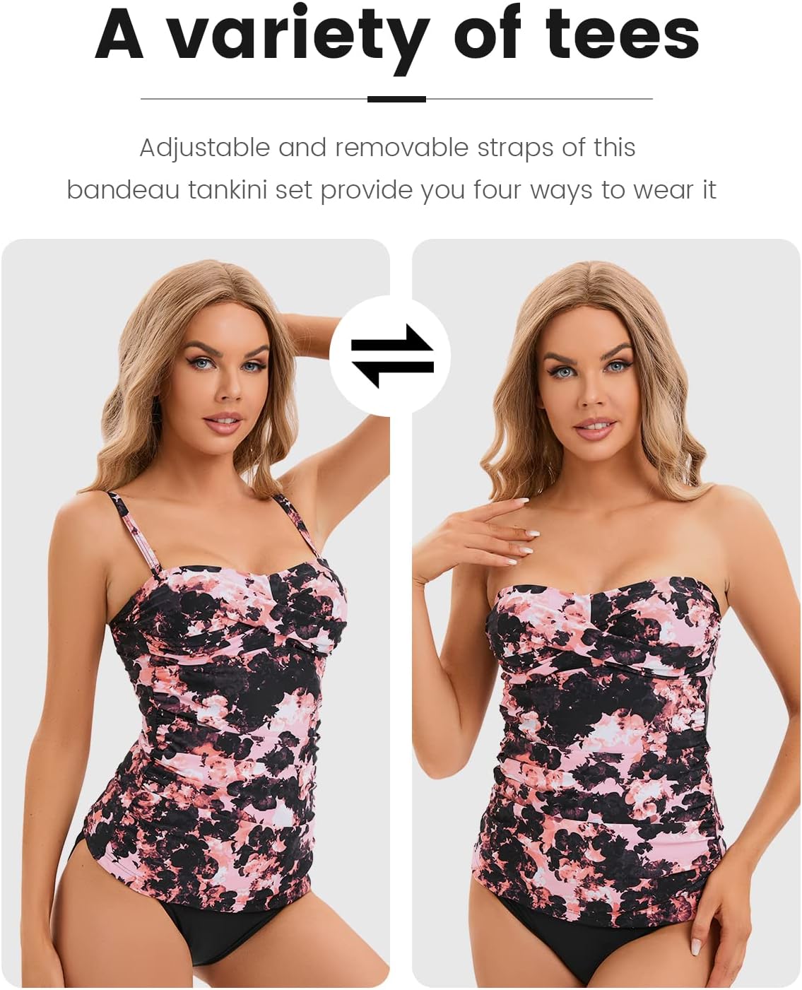 Shuangyu Women's Twist Front Bandeau Tankini Set Two Pieces Ruched Tummy Control Suimsuit with Mid Waist Briefs