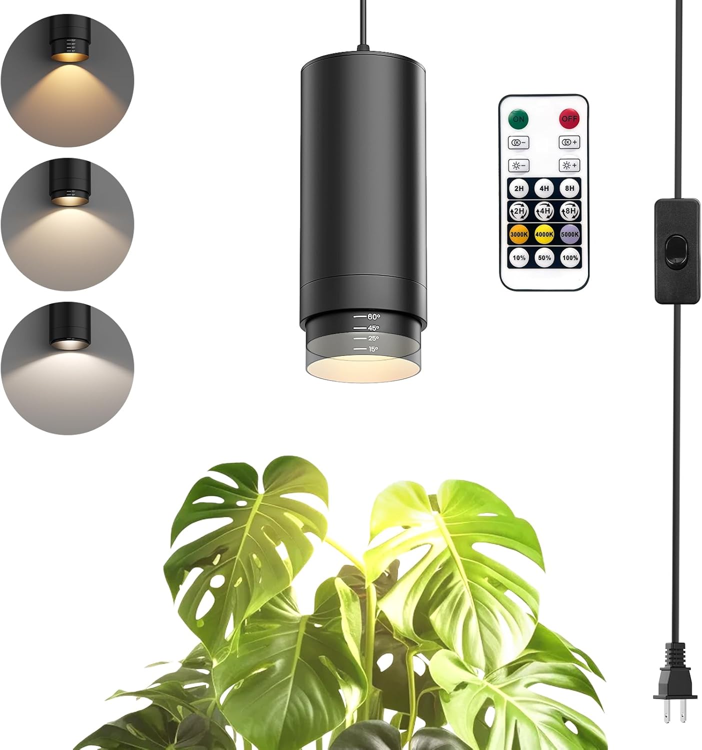 Remote Control Hanging Grow Lights for Indoor Plants, 30W Hanging Plant Light with Auto On/Off Timer, Full Spectrum LED Grow Light 3000K-5000K, Dimmable Plug in Pendant Hanging Lights, Black