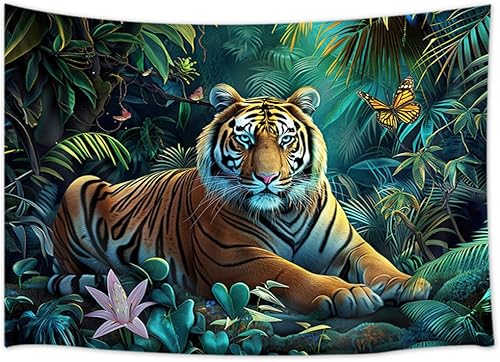 Miniatura 7 de MERCHR Tapiz de bosque natural, tapiz para colgar en la pared, diseño de animales de tigre, paisaje, paisaje, para dormitorio, sala de estar,